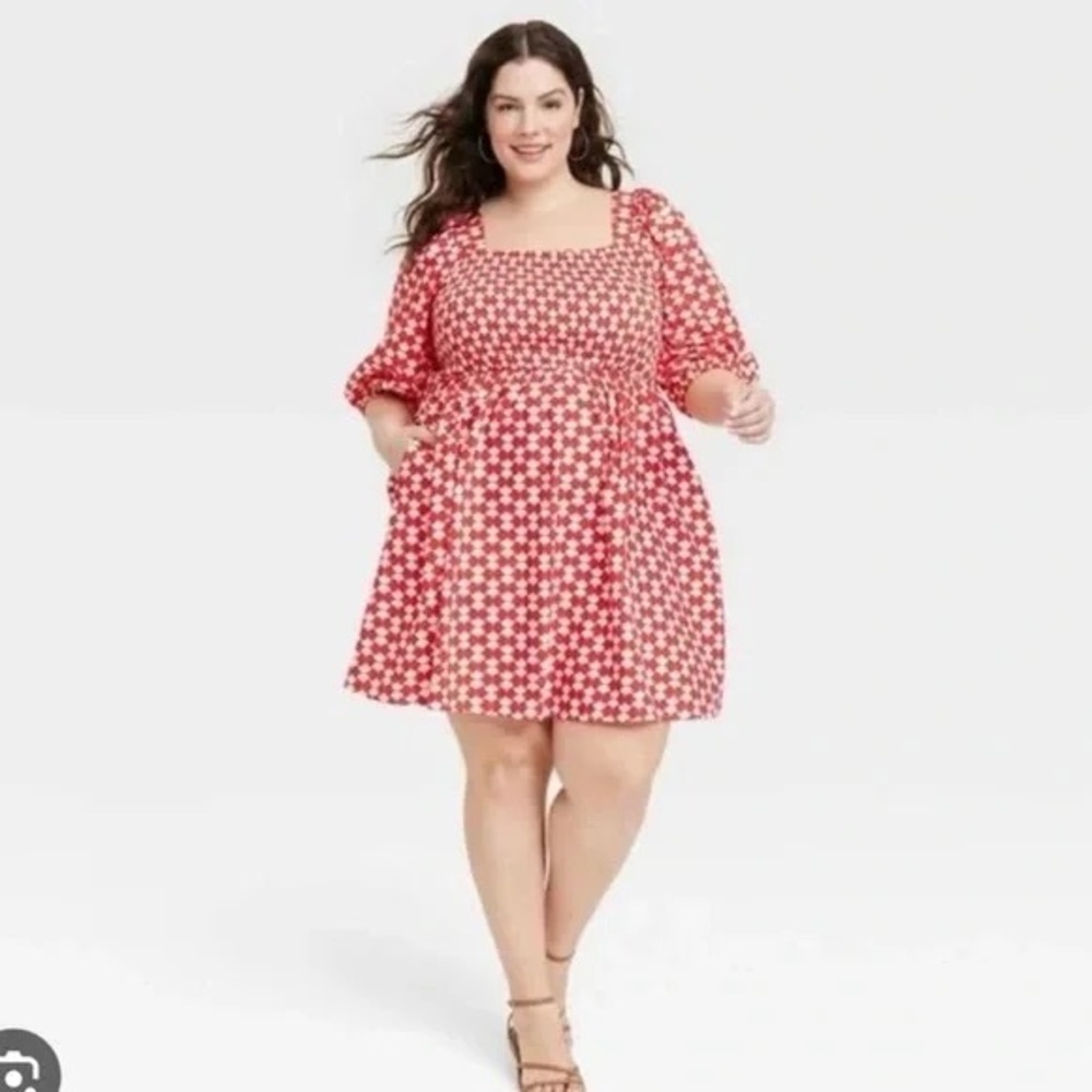 Ava & Viv Red and White Geometric Long Sleeve Dress